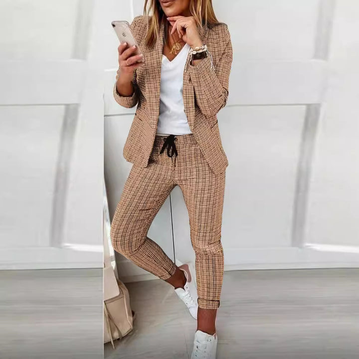 Damen Zweiteiler karierter Blazer und Slim-Fit Jogginghose mit Tunnelzug – Valéne