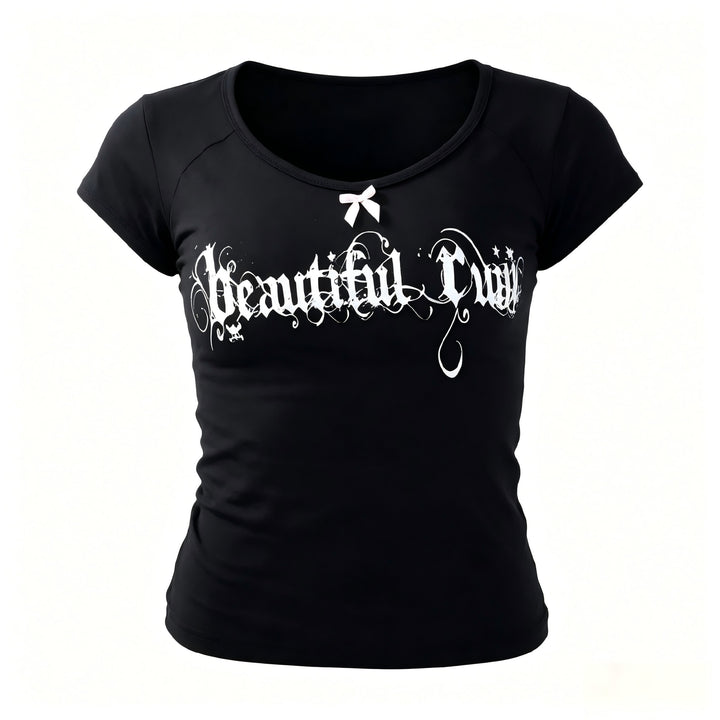 Damen Kurzarmshirt mit stilvollem Schriftzug und dekorativem Schleifenakzent Echo Archiv