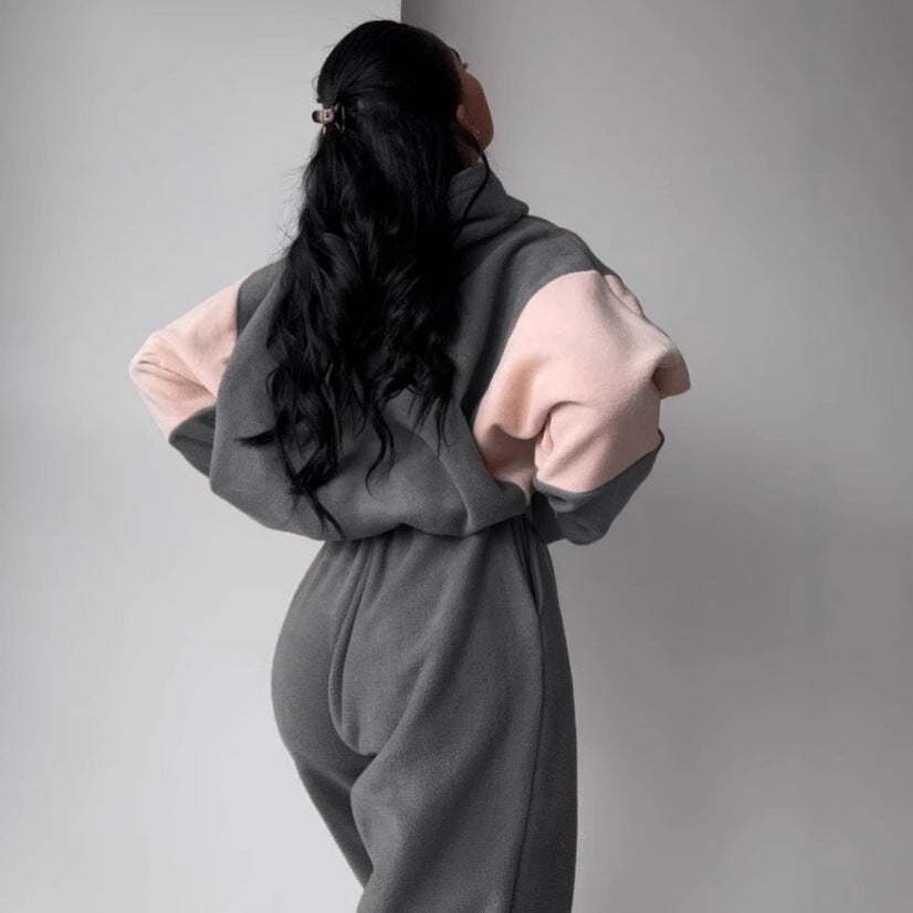 Damen kuscheliges Hoodie-Set mit kontrastärmel, elastischer High-Waist-Jogginghose und überschnittener Kapuze – Auréline