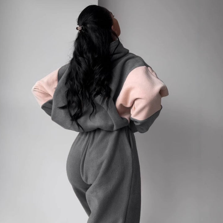 Damen kuscheliges Hoodie-Set mit kontrastärmel, elastischer High-Waist-Jogginghose und überschnittener Kapuze – Auréline