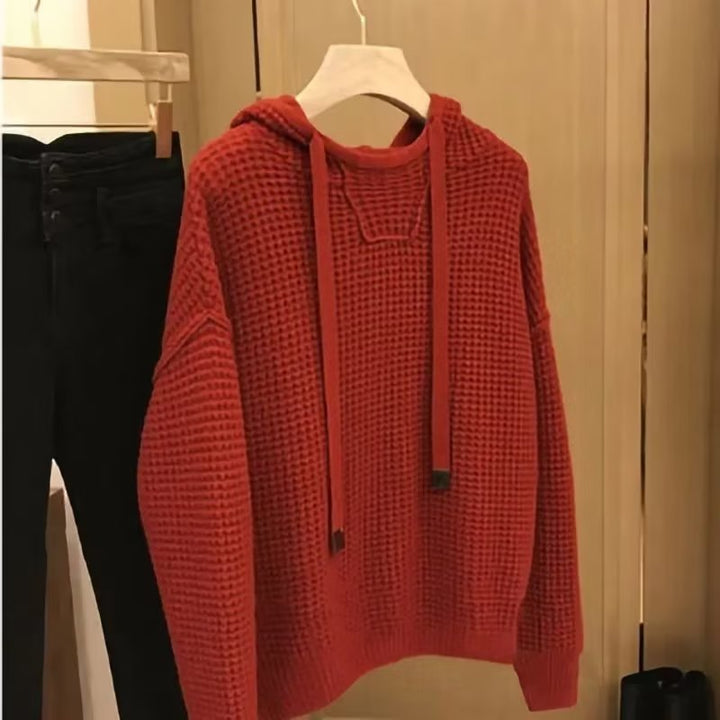Damen Grobgestrickter Oversize-Kapuzenpullover mit Waffelstruktur und Kordelzug Echoarchiv