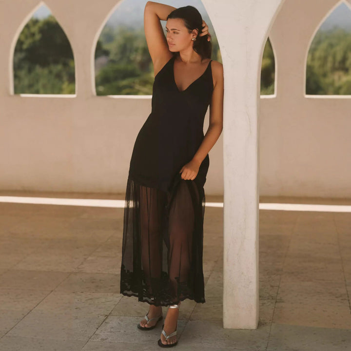 Damen nan zweiteiliges Maxikleid mit V-Ausschnitt, Spaghettiträgern und transparentem Tüllrock Echo Archiv