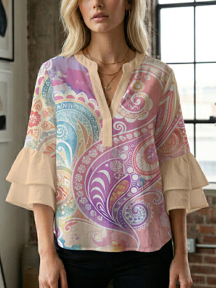 Damen Bluse mit voluminösen Rüschenärmeln und kreativem Floraldesign Echo Archiv