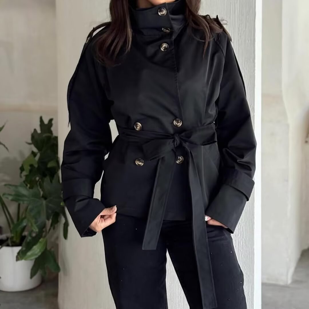 Damen Kurzjacke im Marineinspirierten Doppelreiher mit Stehkragen, Zierknöpfen und Bindegürtel Echo Archiv