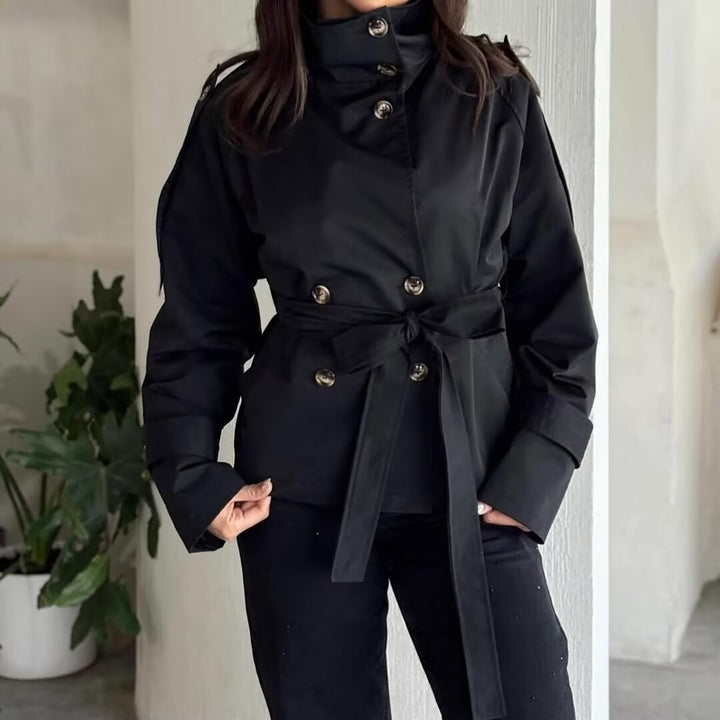 Damen Kurzjacke im Marineinspirierten Doppelreiher mit Stehkragen, Zierknöpfen und Bindegürtel Echo Archiv
