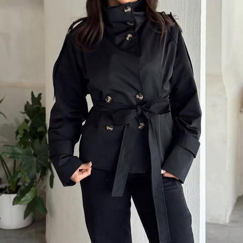 Damen Kurzjacke im Marineinspirierten Doppelreiher mit Stehkragen, Zierknöpfen und Bindegürtel Echo Archiv