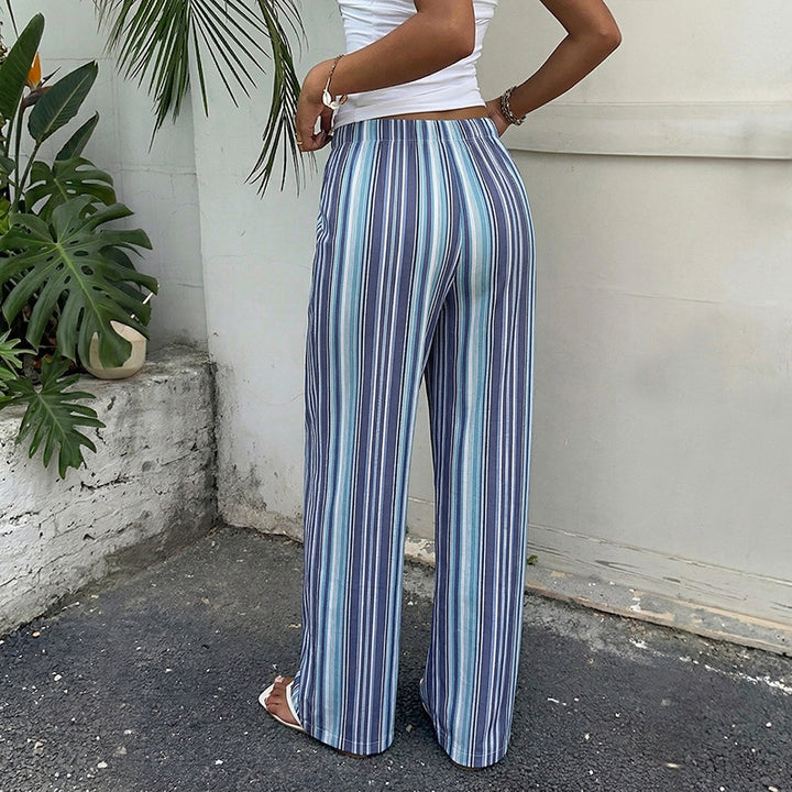 Damen leichte gestreifte Leinen-Blend Loungehose mit weitem Bein und Kordelzug Echoarchiv