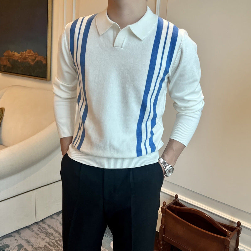 Herren Polokragen-Strickpullover mit markanten Längsstreifen und schmaler Passform Echoarchiv