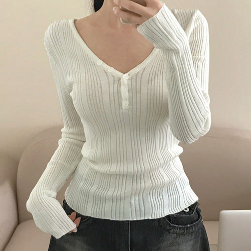 Damen nan feinstrukturierter Rippstrick-Longsleeve mit V-Ausschnitt, Henley-Knopfleiste und taillierter Passform Echo Archiv