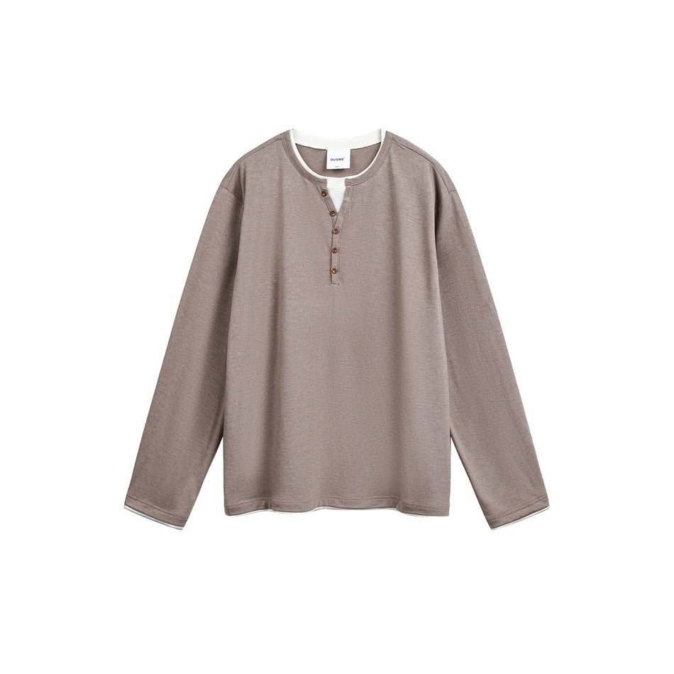 Unisex Baumwollmix-Henleyshirt mit doppellagigem Kragen und Holzknopfleiste Echoarchiv