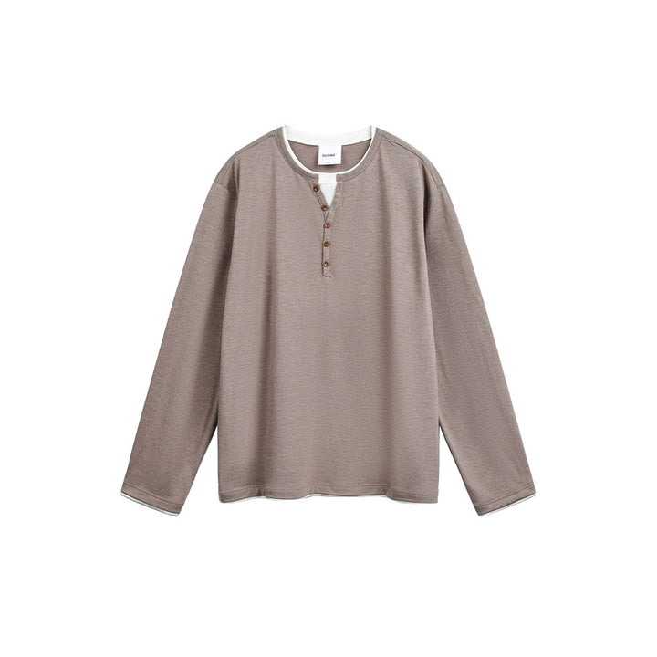 Unisex Baumwollmix-Henleyshirt mit doppellagigem Kragen und Holzknopfleiste Echoarchiv