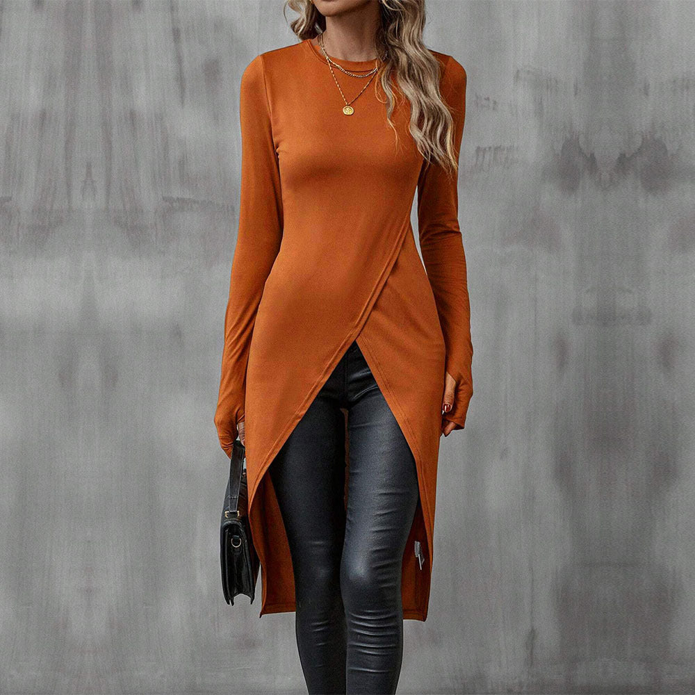 Damen asymmetrisches Longshirt mit überlappendem Frontschlitz und taillierter Silhouette – Avérine