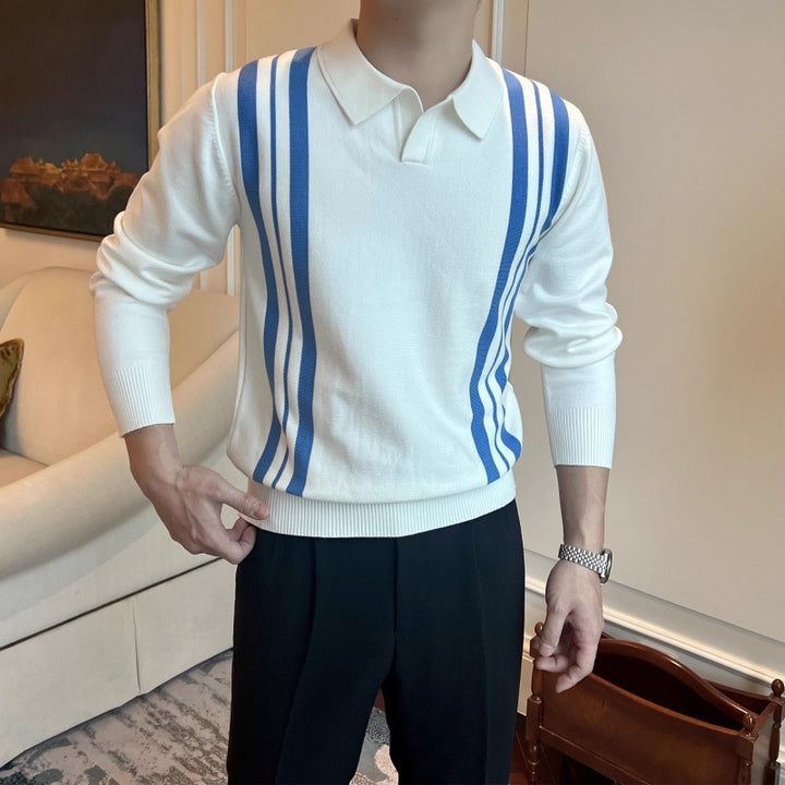 Herren Polokragen-Strickpullover mit markanten Längsstreifen und schmaler Passform Echoarchiv