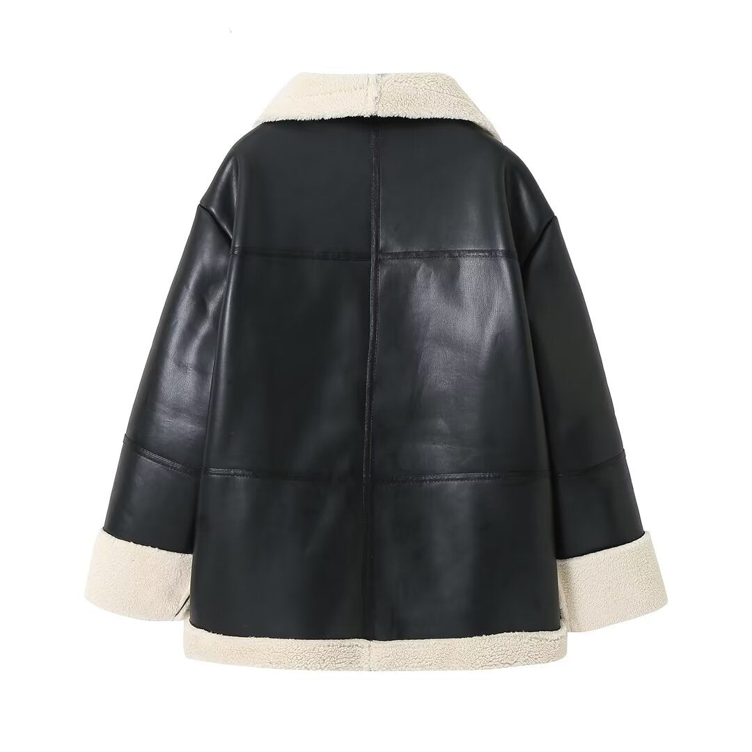 Damen kastiger Kunstleder-Mantelblouson mit voluminösem Teddykragen, wärmendem Sherpa‑Futter und durchgehendem Reißverschluss – Célinea