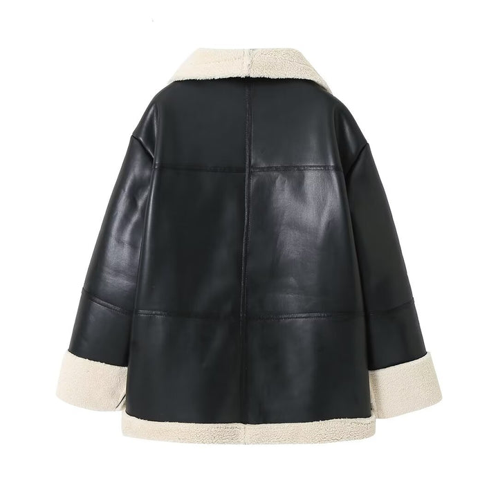 Damen kastiger Kunstleder-Mantelblouson mit voluminösem Teddykragen, wärmendem Sherpa‑Futter und durchgehendem Reißverschluss – Célinea
