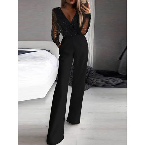 Damen Eleganter Jumpsuit mit transparenten Ärmeln und funkelnden Details Echo Archiv