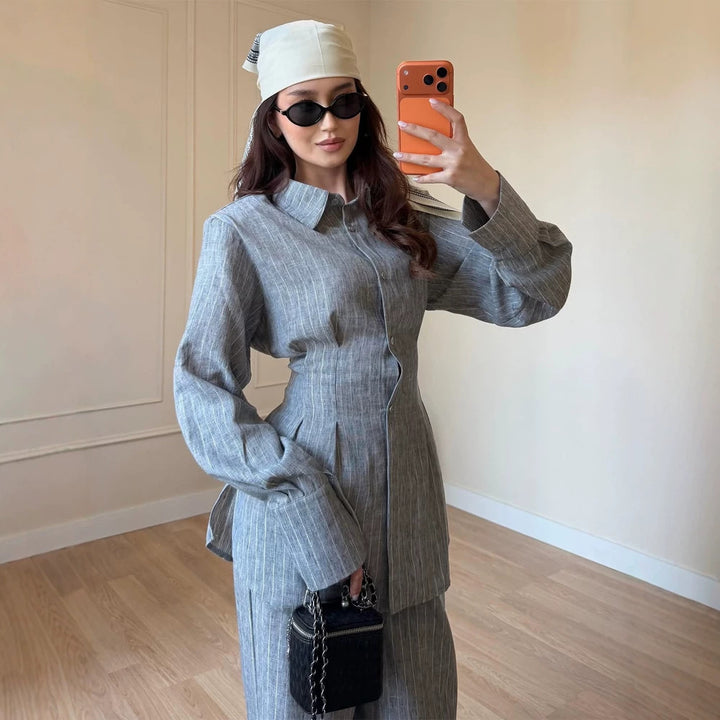 Damen Leichtes Leinen-Loungewear-Set mit Oversize-Hemd und weiter Bundhose Echoarchiv