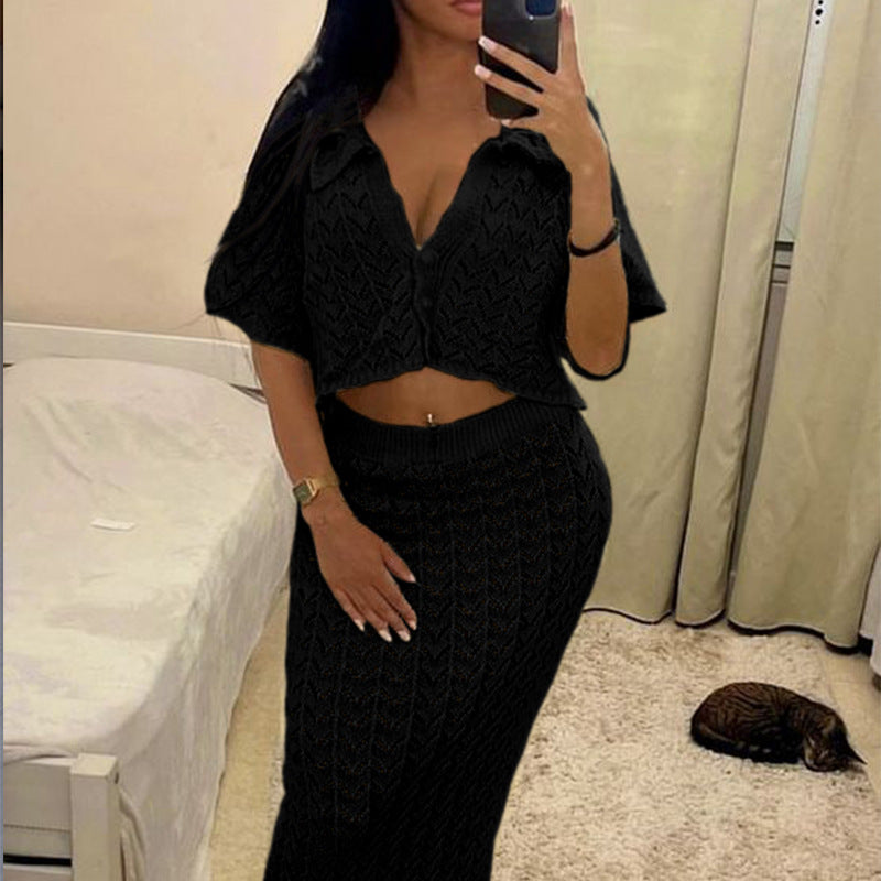 Damen Strick-Kleid mit hohen Seitenschlitzen und modischem Lochmuster Echo Archiv