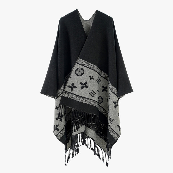 Damen Oversize‑Rechteckponcho aus Wollmix mit eingewebter Jacquardbordüre und Fransensaum – Avérine