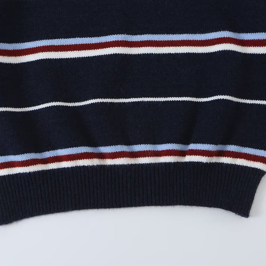 Damen Gestreifter Strickpolopullover mit kurzer Knopfleiste und Rippbündchen Echoarchiv