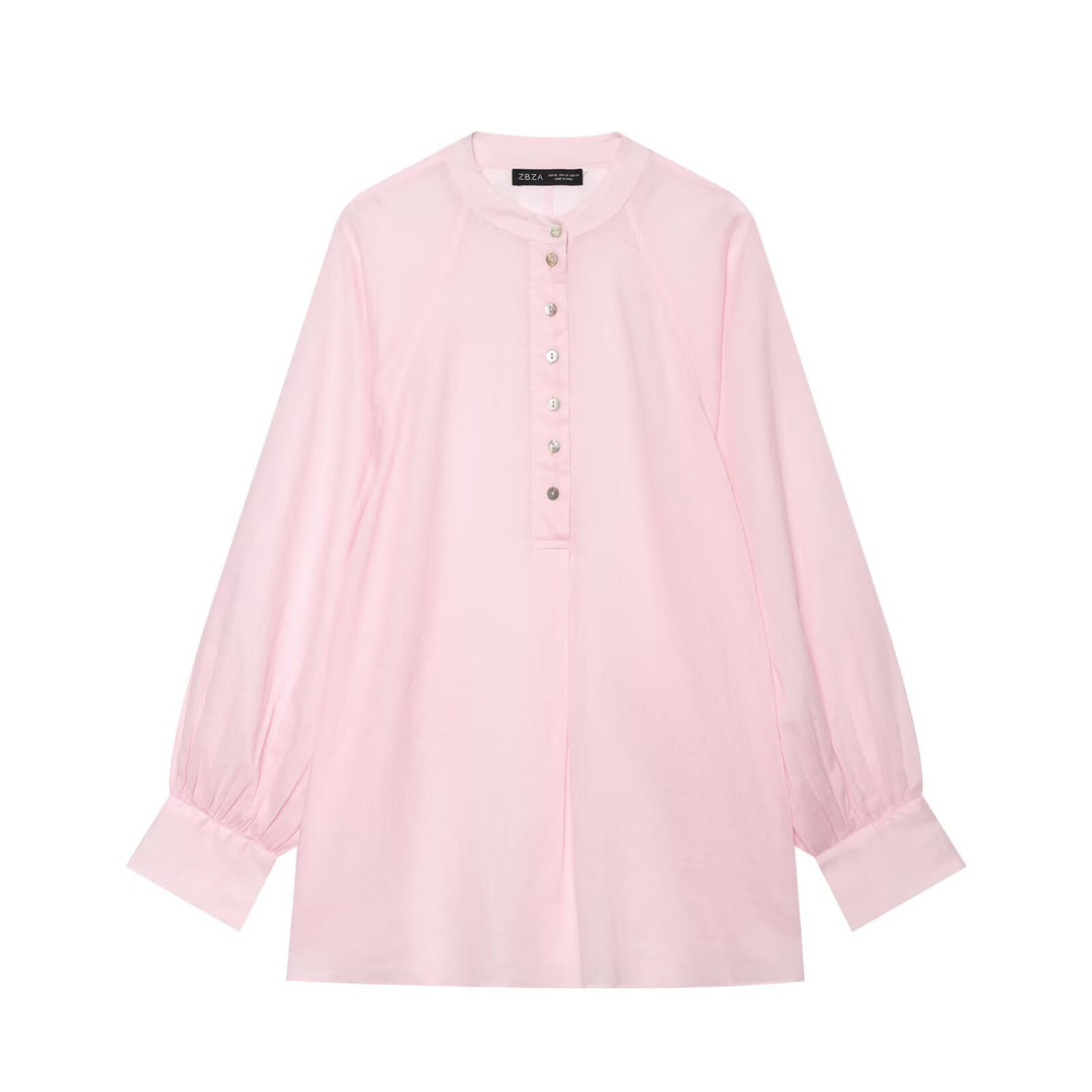 Damen Oversize-Bluse mit Stehkragen, durchgehender Knopfleiste und ballonärmeln Echo Archiv