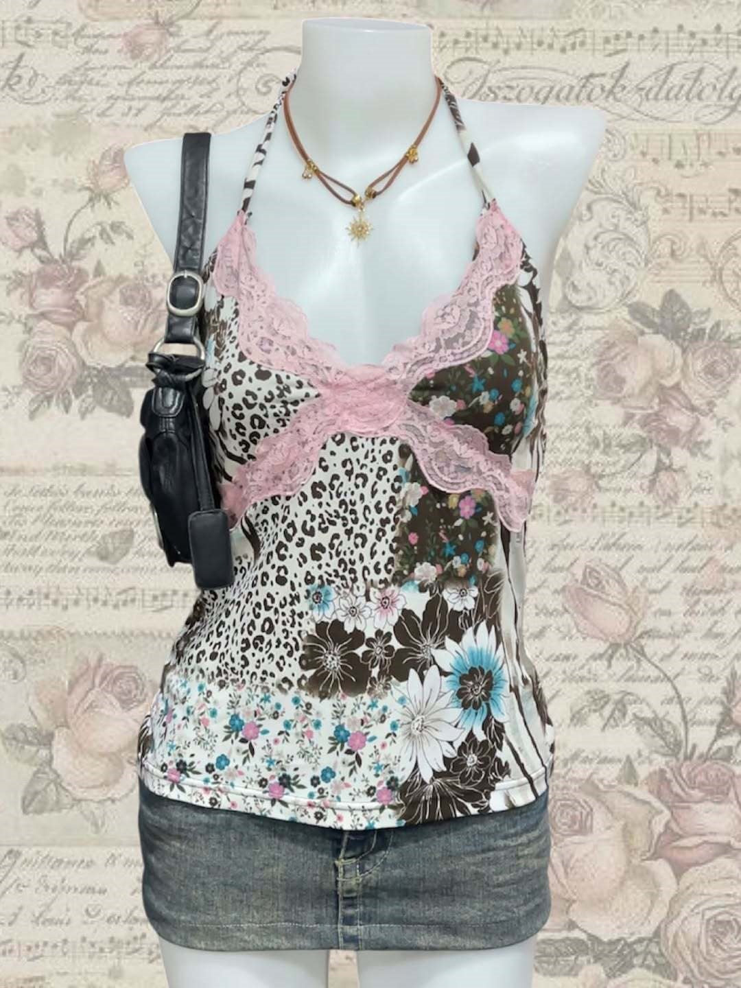 Damen Verspieltes Haltertop mit floralem und Leopardenmuster Echo Archiv