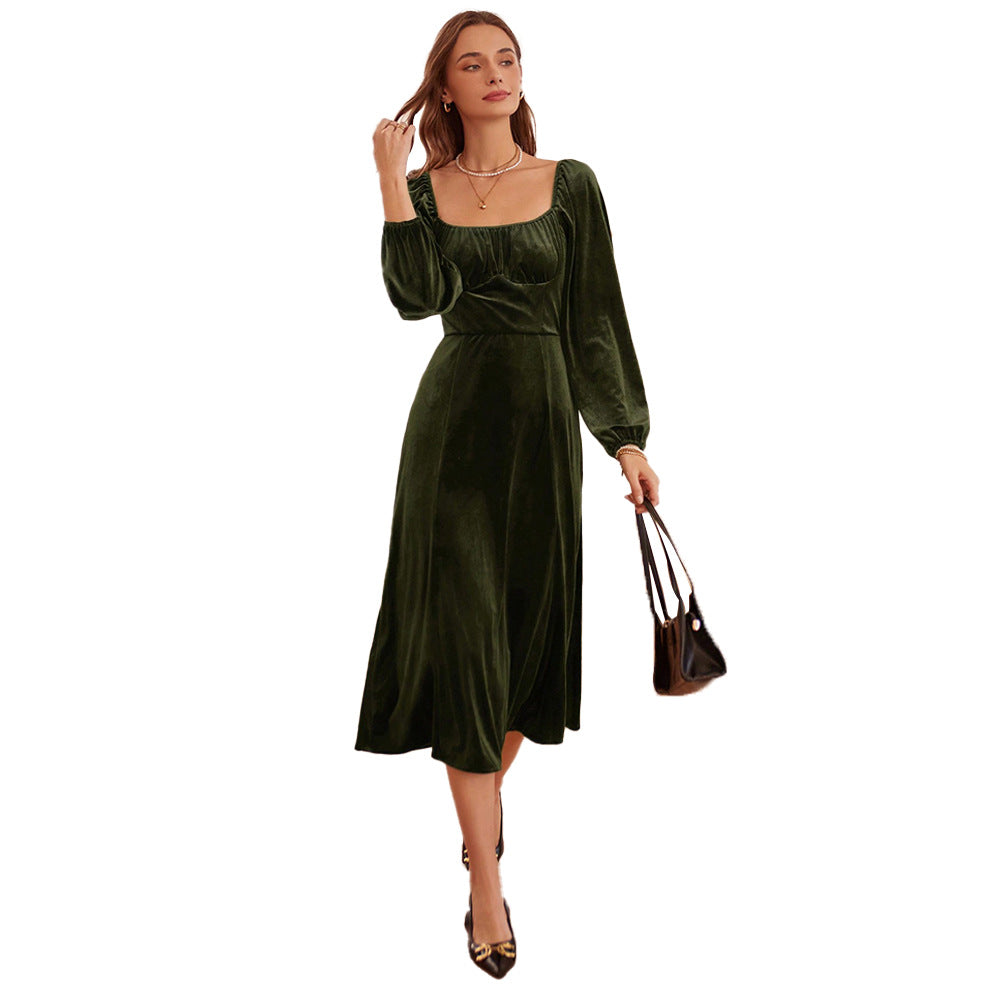 Damen elegantes Samt-Midikleid mit quadratischem Ausschnitt, geraffter Brustpartie und ballonartigen Ärmelabschlüssen – Élara