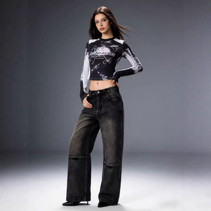 Damen Schlagjeans mit weitem Bein und modischen Waschungseffekten Echo Archiv