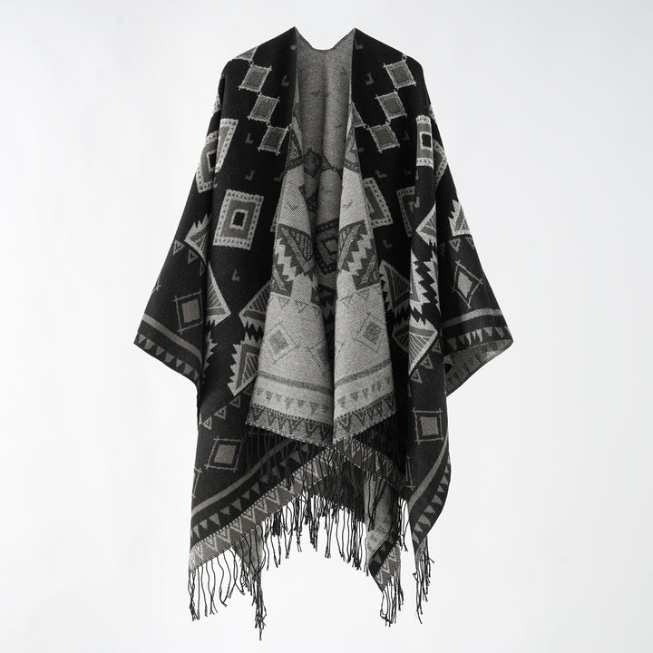 Damen Weichfallender Jacquard-Umhang im Ruana-Stil mit Fransen Echo Archiv