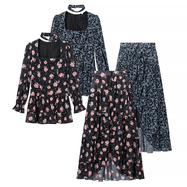 Damen Zweiteiliges Chiffon-Set mit Chokerbluse und stufigem Maxirock Echo Archiv