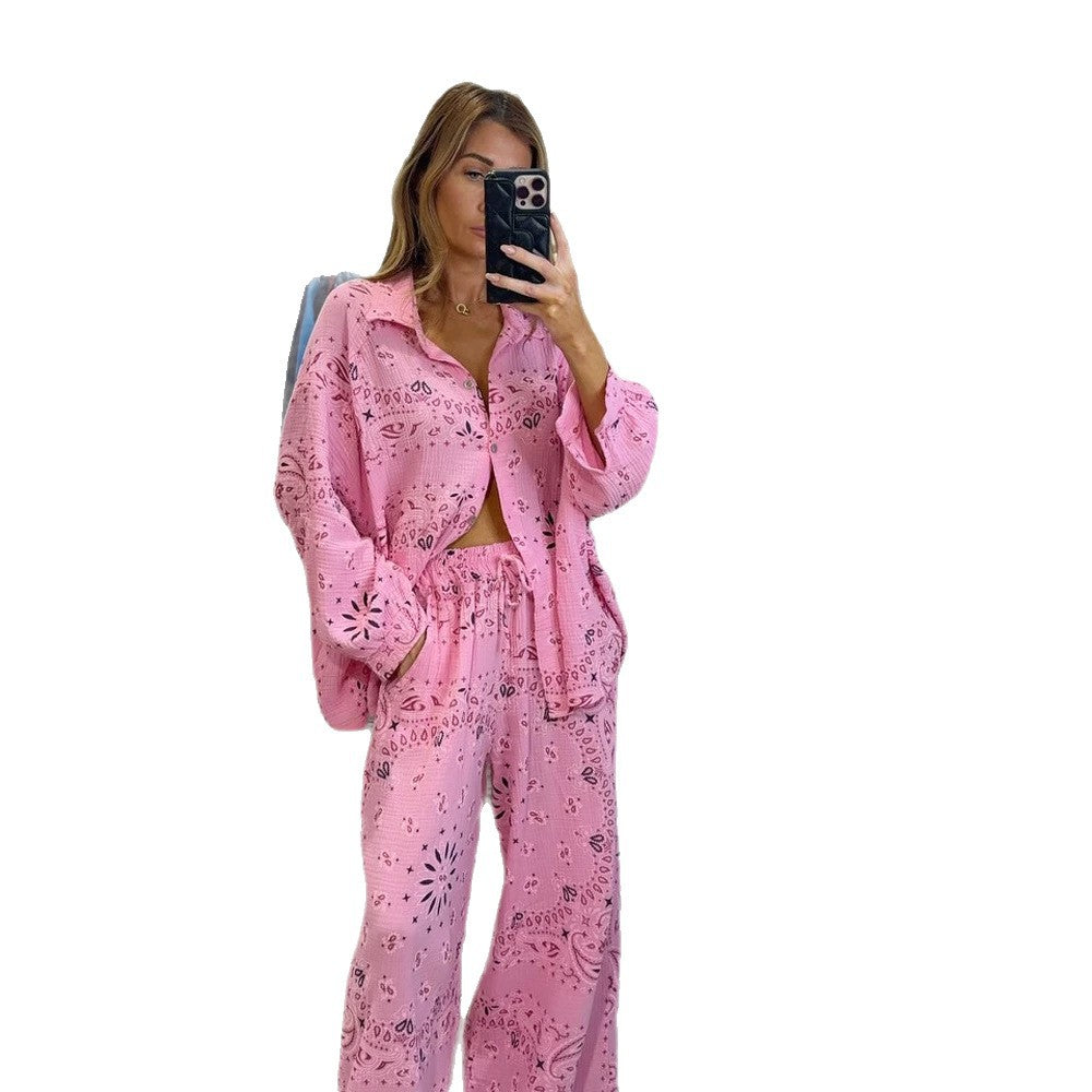 Damen nan luftiger Lochstickerei Strand-Zweiteiler mit Oversize-Hemd, Brusttasche und weiter Palazzohose Echo Archiv