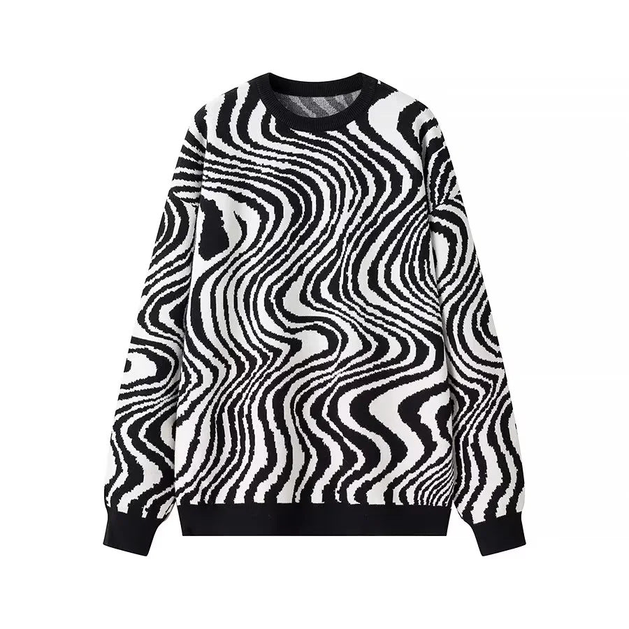 Unisex nan weit geschnittener Strickpullover mit abstraktem Wellenmuster und Rundhalsausschnitt Echo Archiv