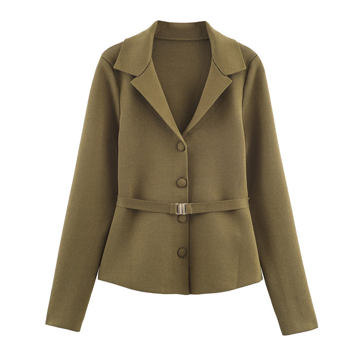 Damen Taillierter Strickblazer mit Reverskragen, verdeckter Knopfleiste und Filigranem Taillengürtel Echoarchiv