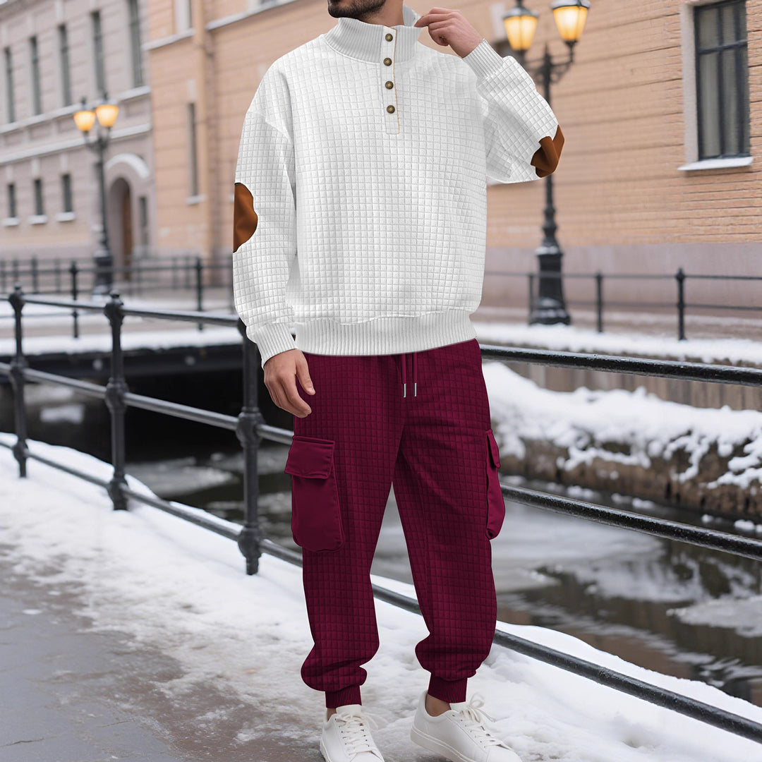 Herren nan Karo-Relief-Sweatset mit Stehkragen-Knopfleiste, Velours-Ellenbogenpatches und Cargo-Jogger Echo Archiv