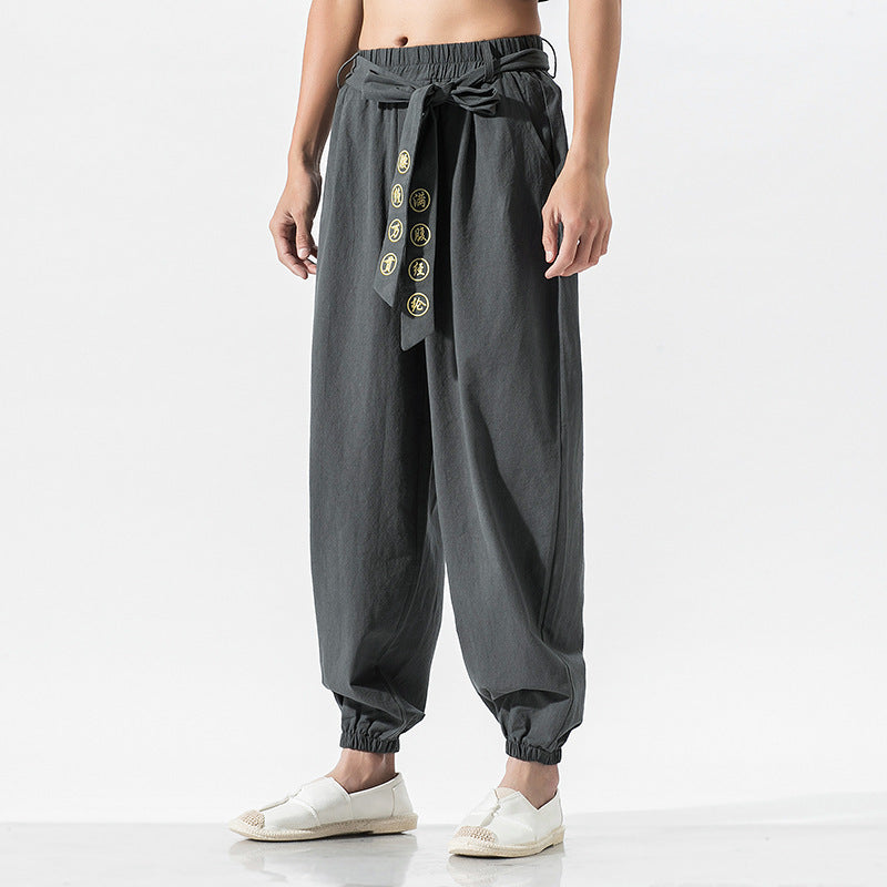 Damen nan weite Leinenhose mit Tunnelzug Bund Bindedetail und elastischen Knöchelabschlüssen Echo Archiv