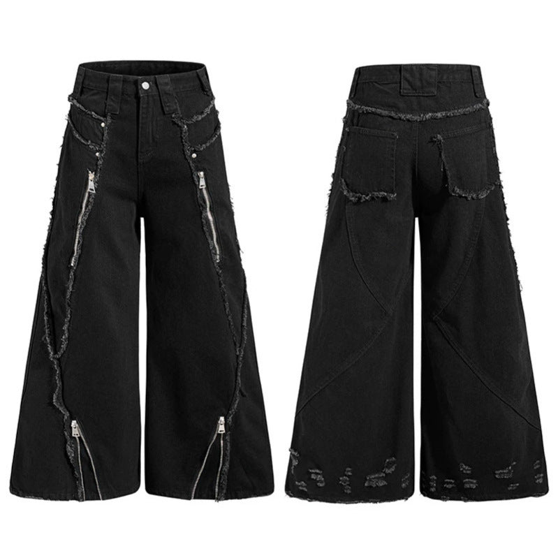 Damen weite Denim-Culotte mit Fransen-Details und Zipper-Akzenten Echoarchiv