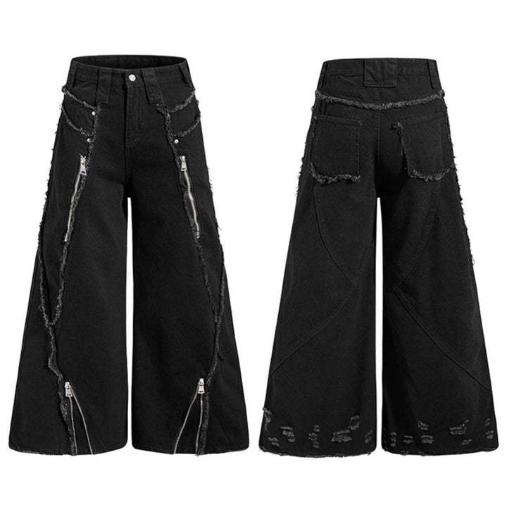 Damen weite Denim-Culotte mit Fransen-Details und Zipper-Akzenten Echoarchiv
