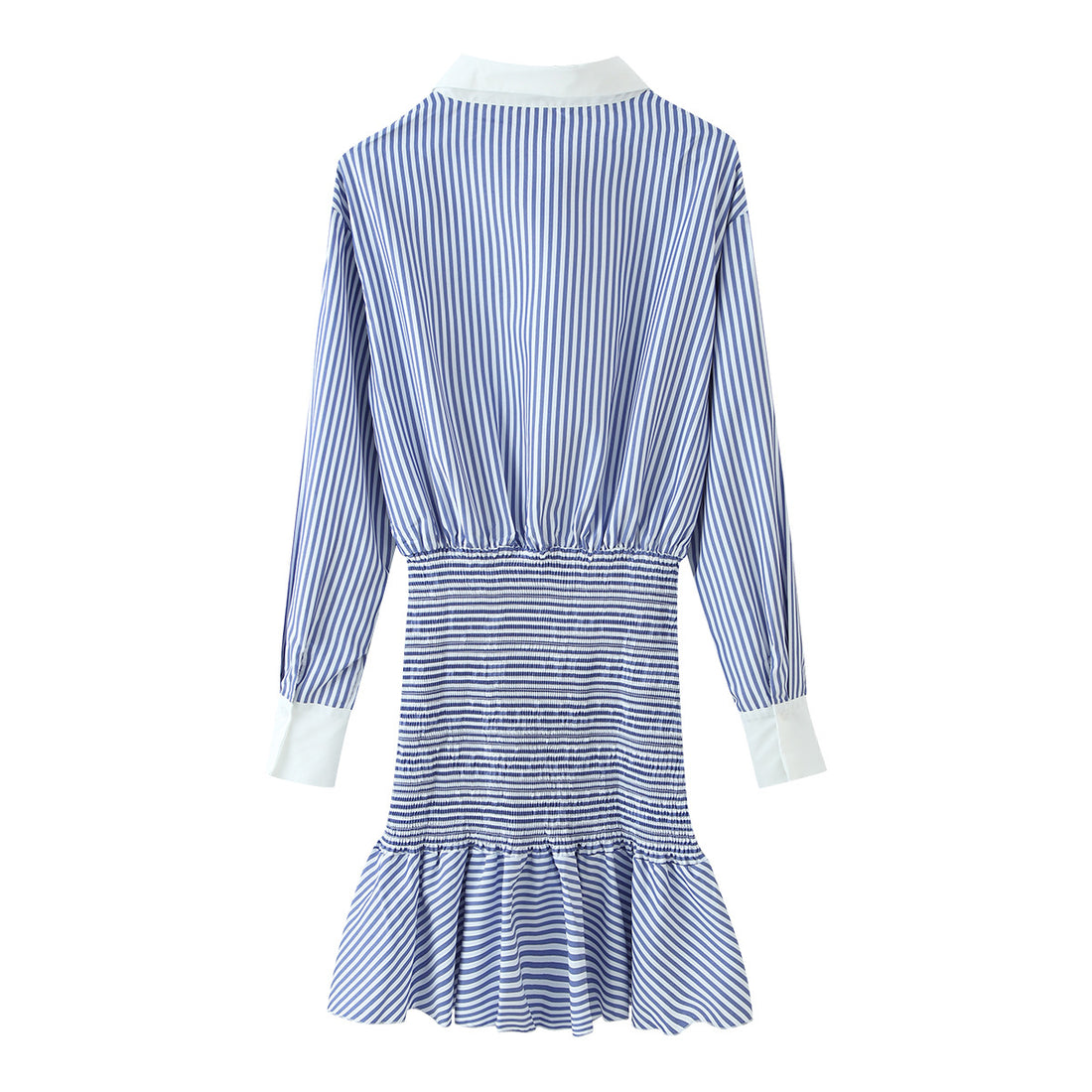 Damen Gestreiftes Hemdblusenkleid mit Taillen-Smokung, Schößchen und Kontrastkragen Echoarchiv