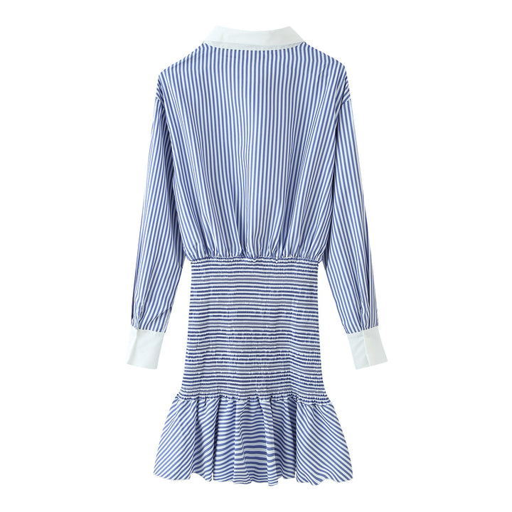 Damen Gestreiftes Hemdblusenkleid mit Taillen-Smokung, Schößchen und Kontrastkragen Echoarchiv