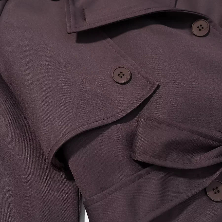 Damen langer Doppelreiher-Trenchcoat mit Taillengürtel, Epauletten und Sturmklappe – Montévia