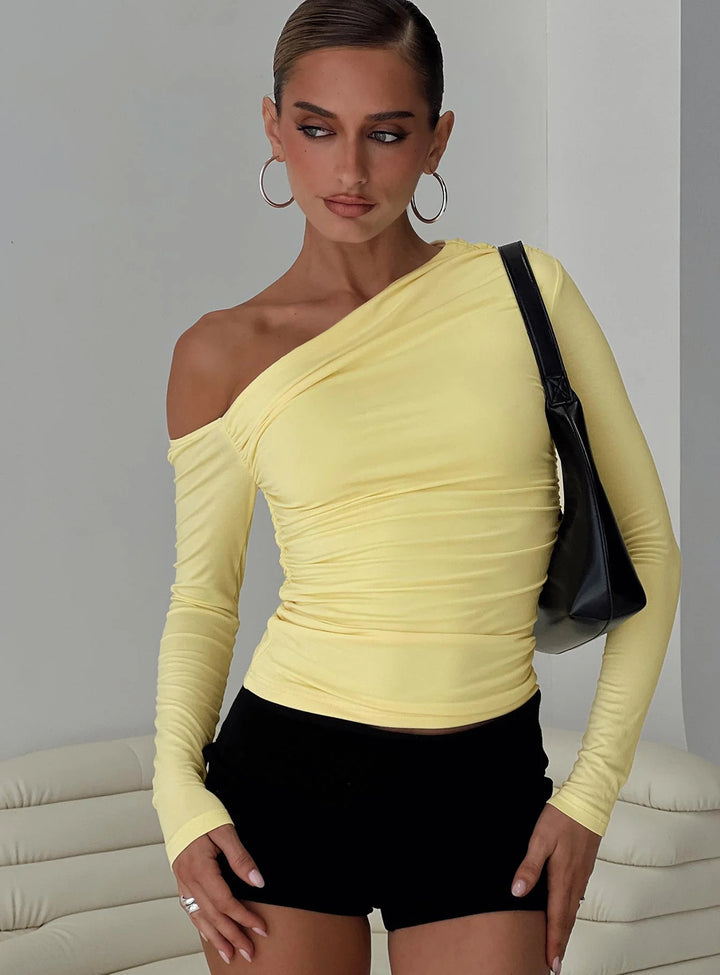 Damen Off-Shoulder Raffungsshirt mit langen Ärmeln und elegantem Design Echo Archiv