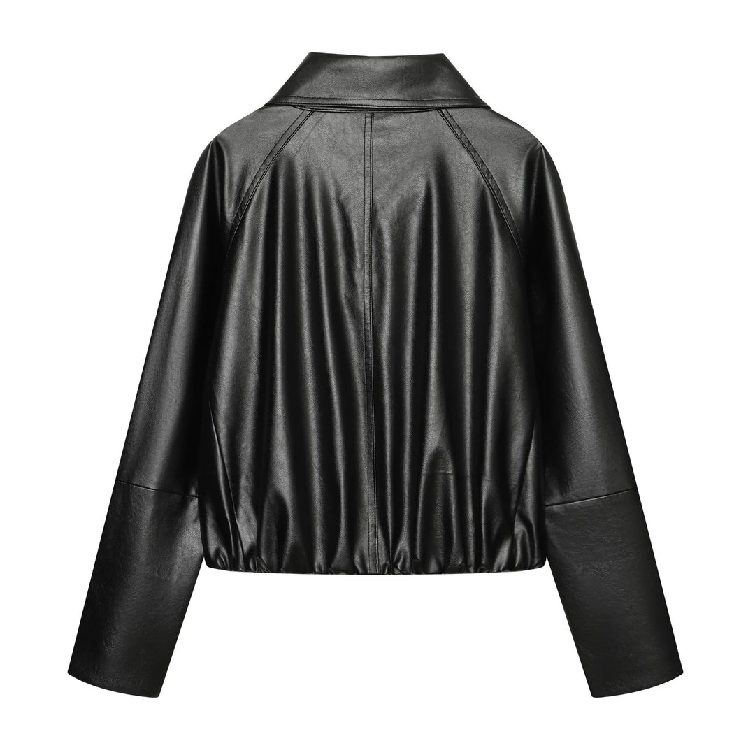 Damen Kurz geschnittener doppelreihiger Kunstlederblouson mit weitem Schalkragen Echo Archiv