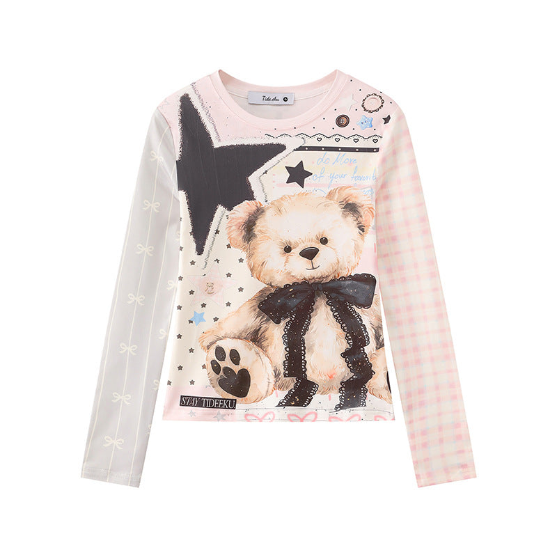 Damen Langarmshirt mit verspieltem Teddybär-Print, Mixed-Muster und Spitzenband Echoarchiv