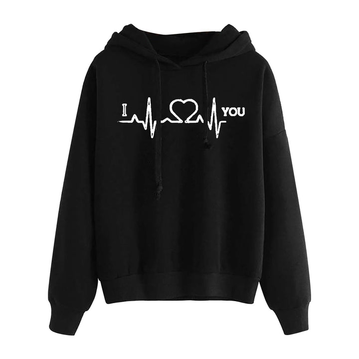 Damen leichter Oversize Kapuzenpullover mit Herz‑EKG‑Motiv, langen Kordeln und elastischem Bund – Auréline