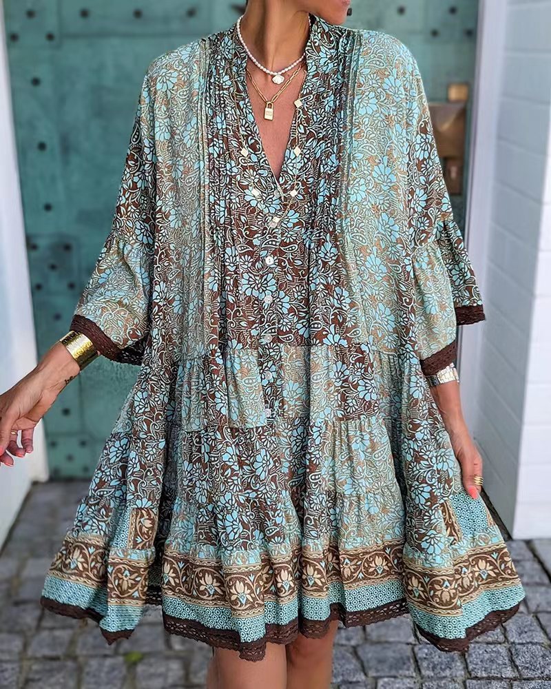 Damen nan luftiges Boho-Stufenkleid mit V-Ausschnitt weiten Fledermausärmeln und Spitzenbordüre Echo Archiv