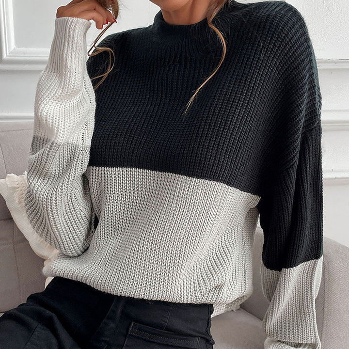 Damen Oversize Strukturstrickpullover mit geripptem Rundhalsausschnitt und überschnittener Schulter Echoarchiv