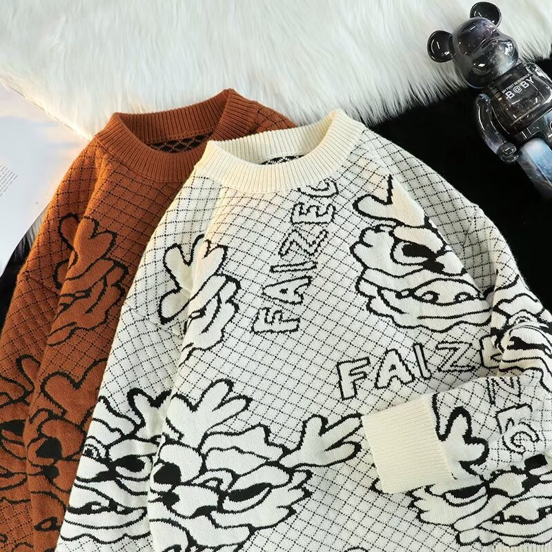 Unisex Oversized Jacquard-Strickpullover mit Allover-Motiv und Rippbündchen Echoarchiv