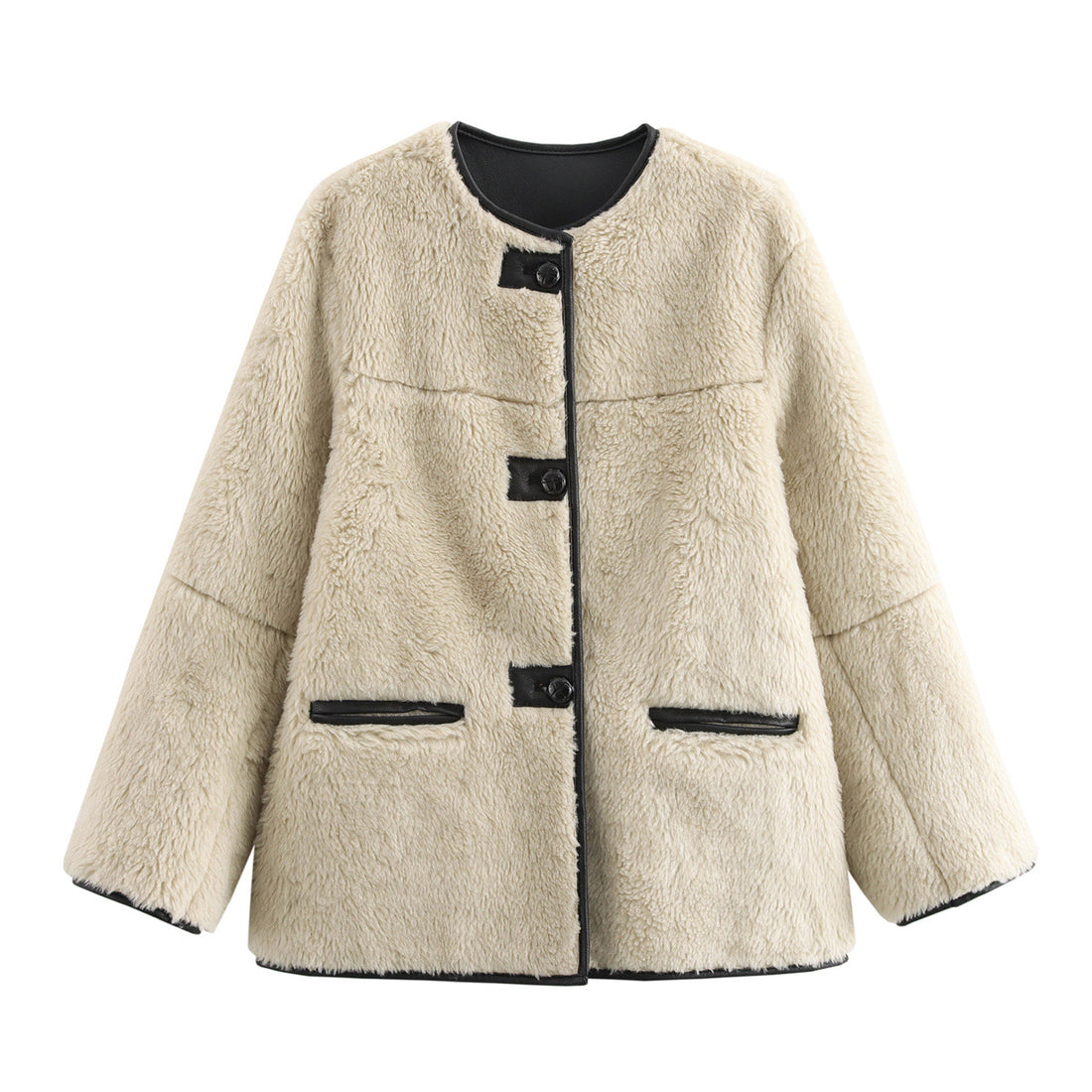 Damen Boxy-Teddyjacke im Faux-Shearling mit Rundhals, Knopfverschluss und Lederpaspeln Echoarchiv