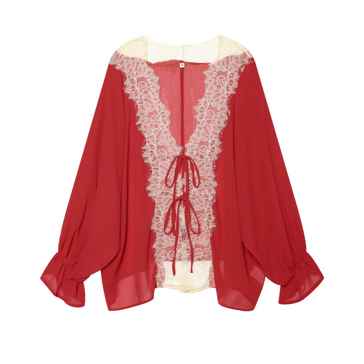 Damen Chiffonbluse mit tiefem V-Spitzeinsatz, lockeren Trompetenärmeln und Bindebändern – Élovi