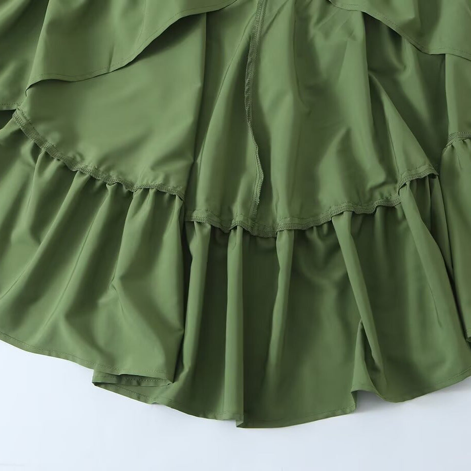 Damen Fließendes Maxikleid mit Ballonärmeln, Rüschendetails und Stehkragen Echoarchiv